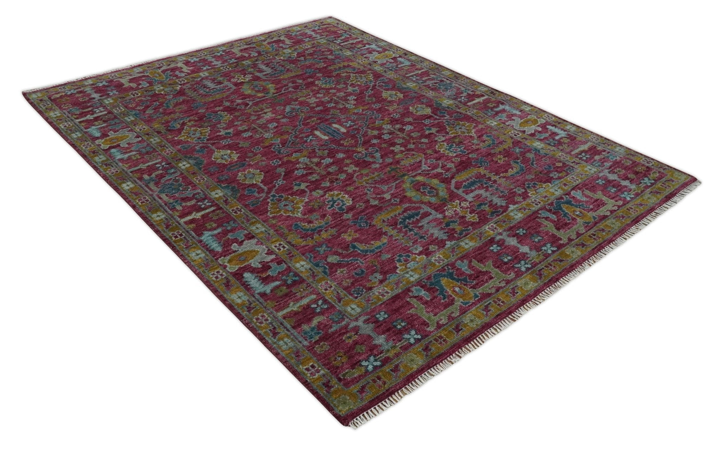 8x10 Hand Knotted Maroon and Gold Heriz Serapi Traditional Antique Style Wool Area Rug | TRDCP1603810S