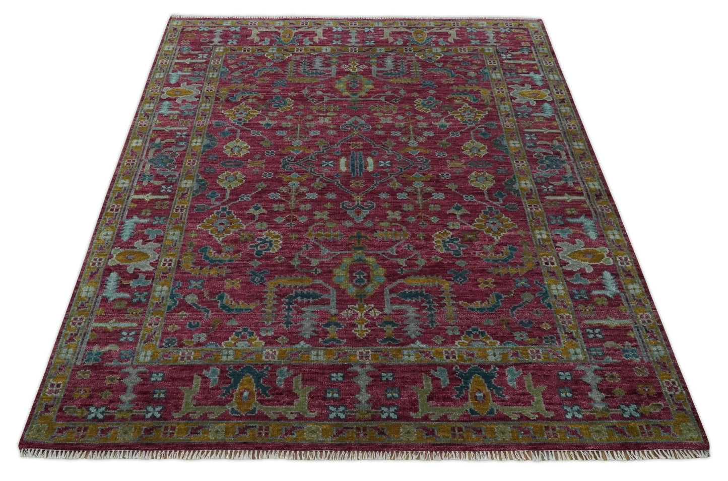 8x10 Hand Knotted Maroon and Gold Heriz Serapi Traditional Antique Style Wool Area Rug | TRDCP1603810S