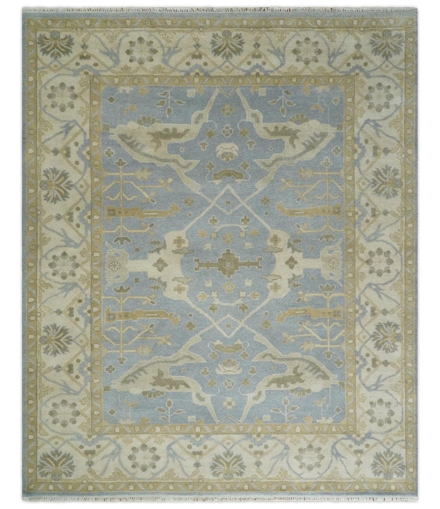 8x10 Hand Knotted Oriental Oushak Silver, Ivory and Beige Wool Area Rug | TRDCP1164810