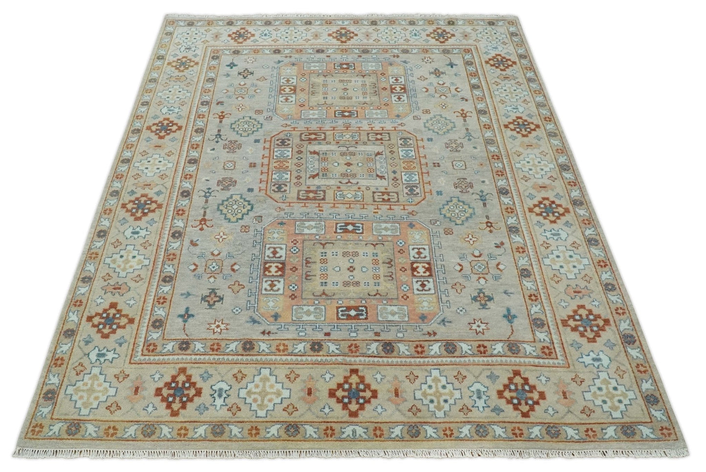 8x10 Hand Knotted Peach, Gray and Camel Traditional Persian Oushak Area Rug | TRDCP836810