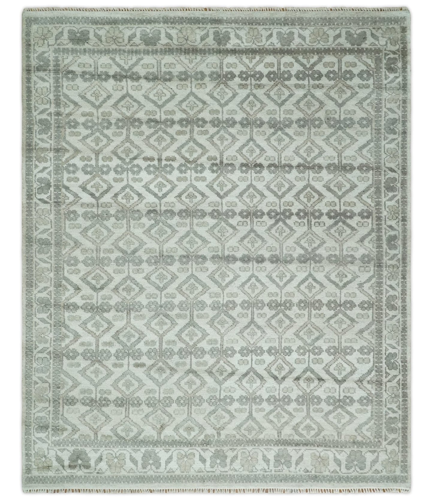 8x10 Hand Knotted Turkish Ivory and Silver Traditional Antique Persian Area Rug | TRDCP1120810S