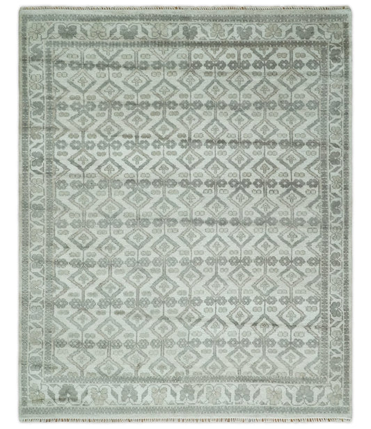 8x10 Hand Knotted Turkish Ivory and Silver Traditional Antique Persian Area Rug | TRDCP1120810S