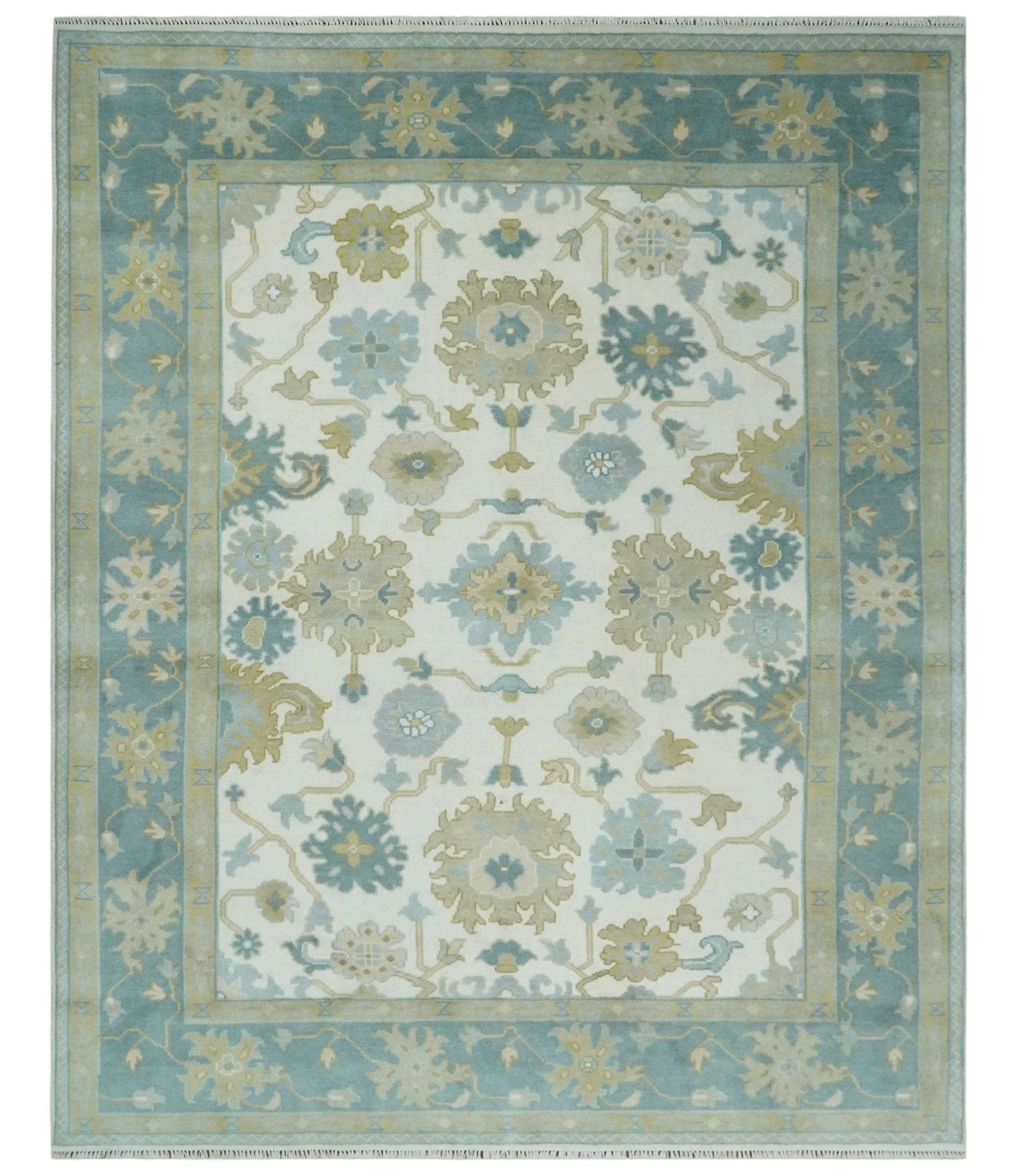 8x10 Ivory, Blue and Beige Floral Oushak Hand Knotted Wool Area Rug | TRDCP1538810S