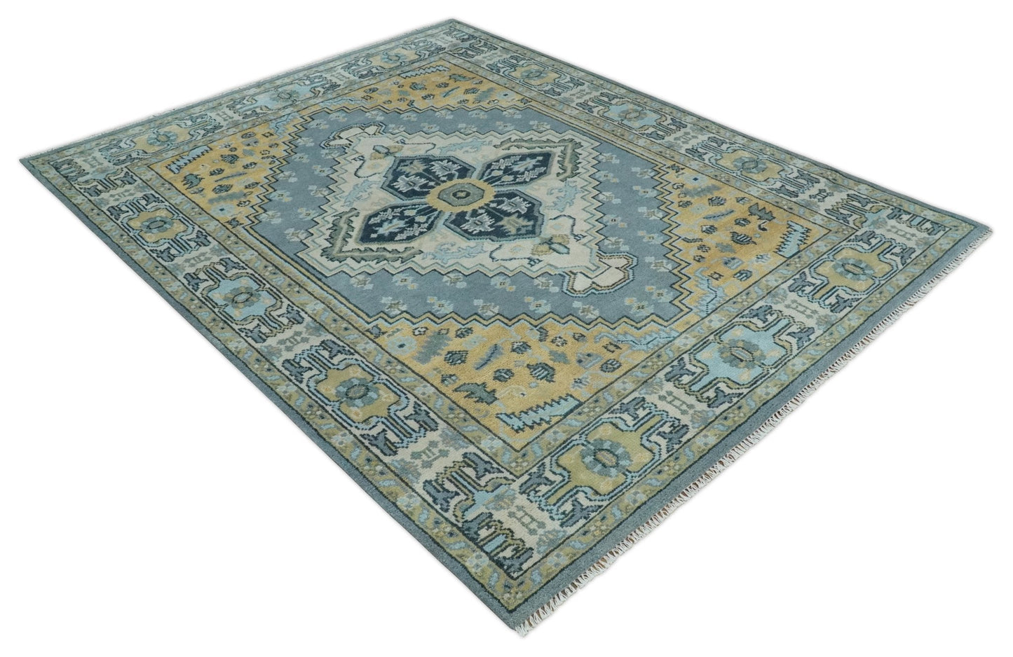 8x10 Ivory, Blue and Beige Heriz Serapi Traditional  Persian Antique Hand Knotted Wool Area Rug | TRDCP1117810