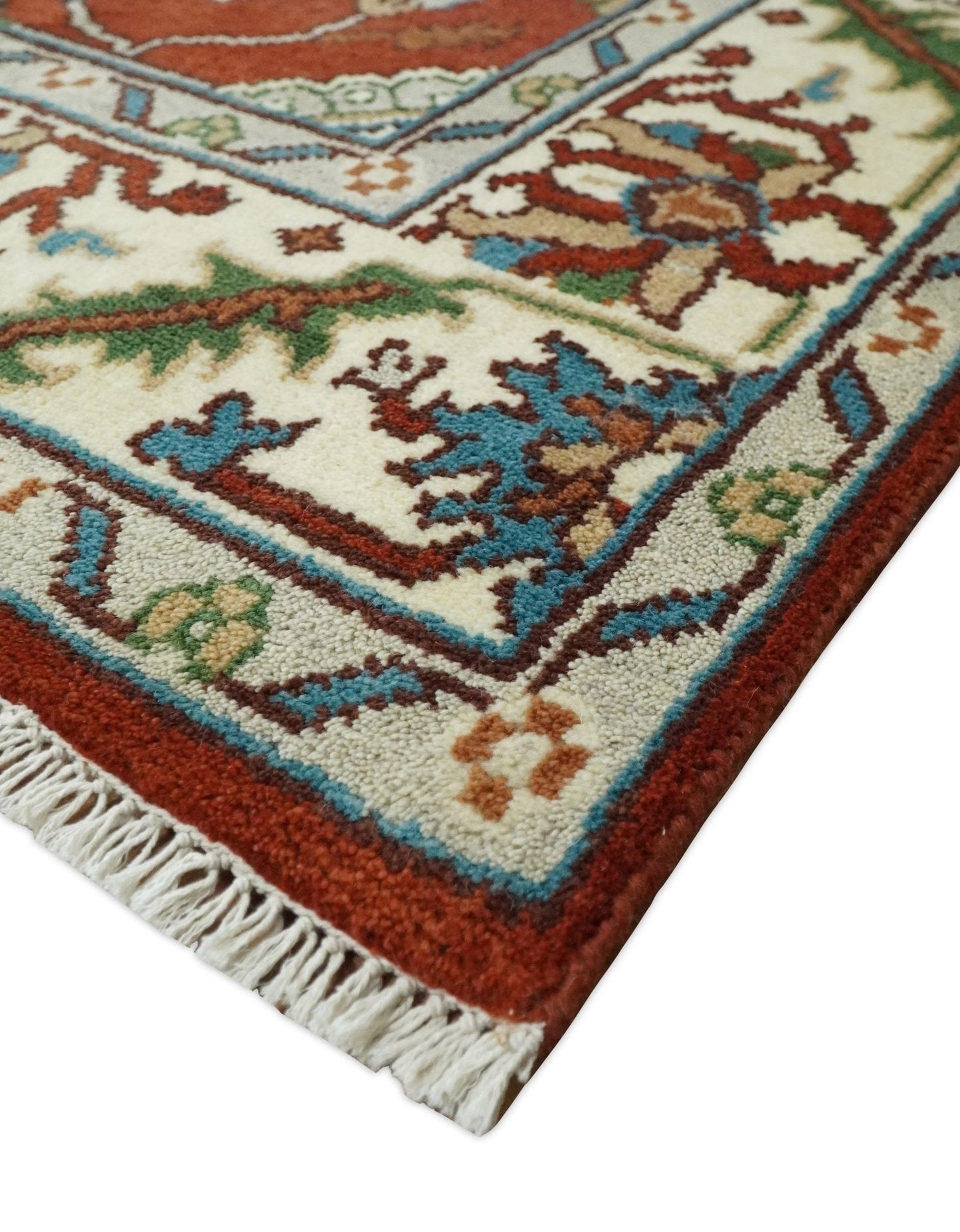 8x10 Brown, Ivory and Teal Hand Knotted Traditional Antique Turkish Wool Rug | TRDCP387810