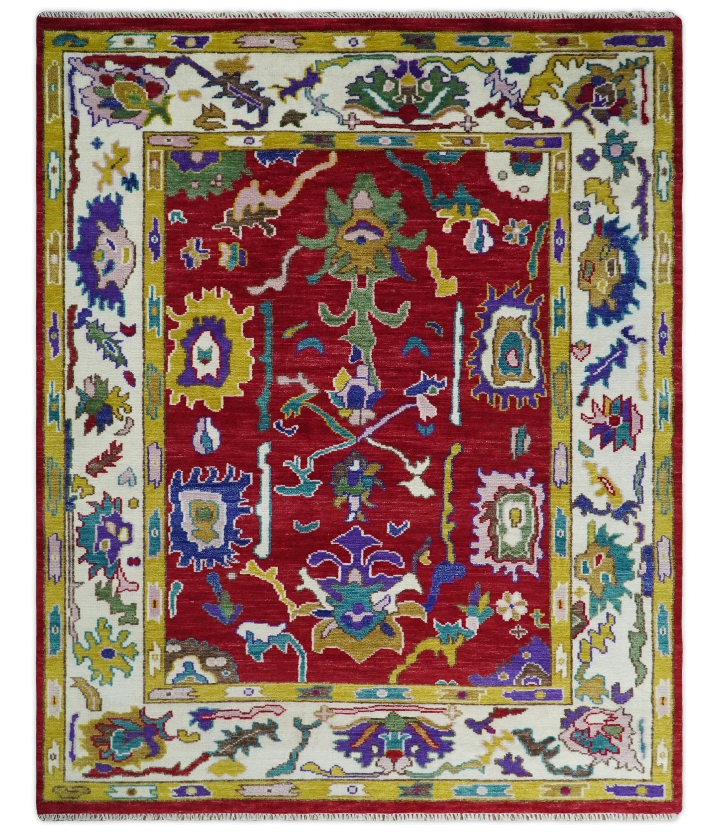 8x10 Wool Red and White Colorful Traditional Oushak Eclectic Hand knotted Bohemian Area Rug | TRDCP319810