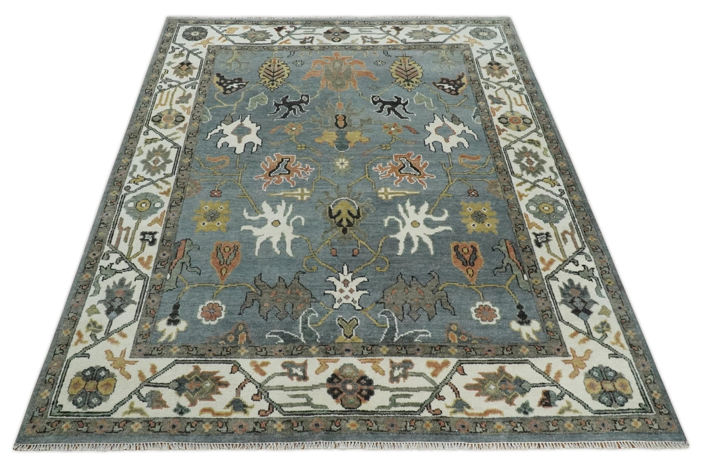 8x10 Wool Traditional Ivory and Gray Vibrant Colorful Hand knotted Oushak Area Rug | TRDCP1304810