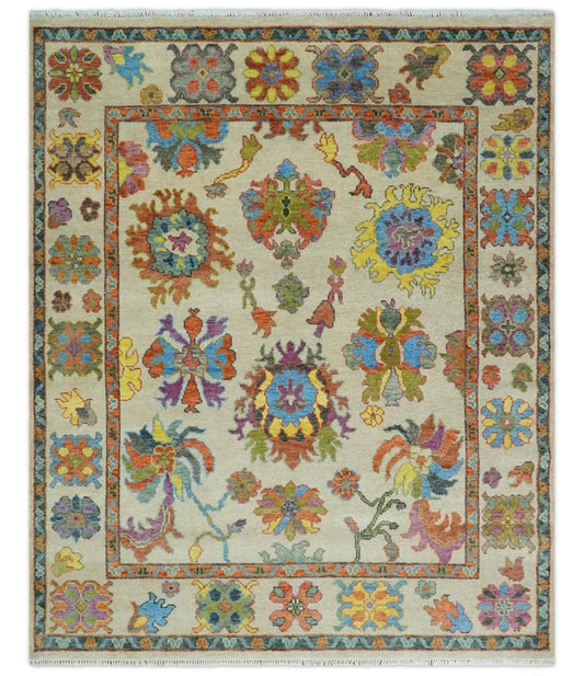 8x10 Wool Traditional Persian Beige and Peach Colorful Hand knotted Oushak Area Rug | TRDCP1071810S