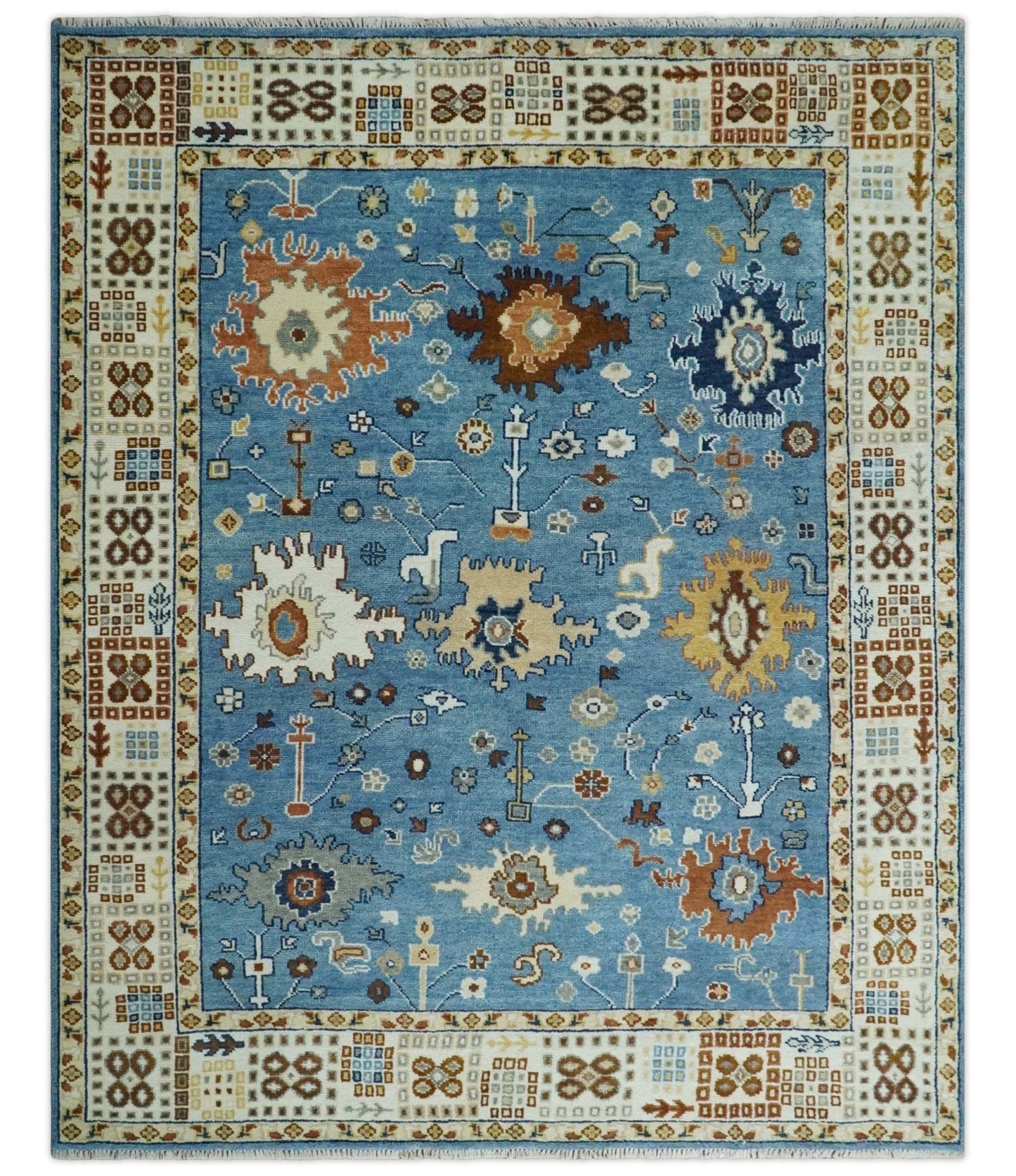 8x10 Wool Traditional Persian Blue and Ivory Colorful Hand knotted Oushak Area Rug | TRDCP1064810