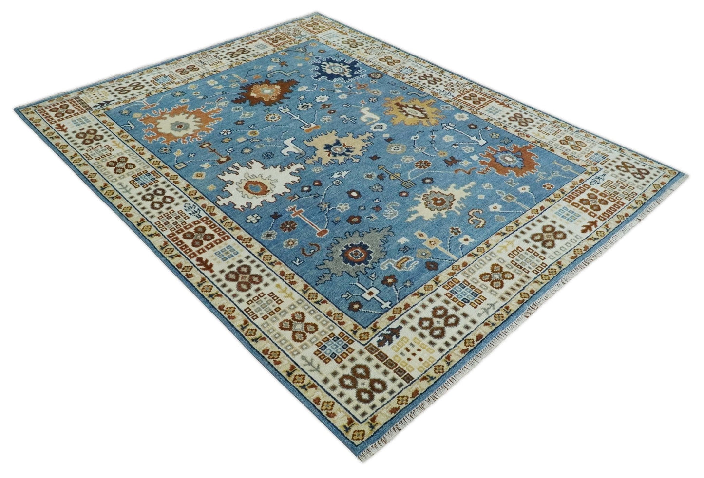 8x10 Wool Traditional Persian Blue and Ivory Colorful Hand knotted Oushak Area Rug | TRDCP1064810