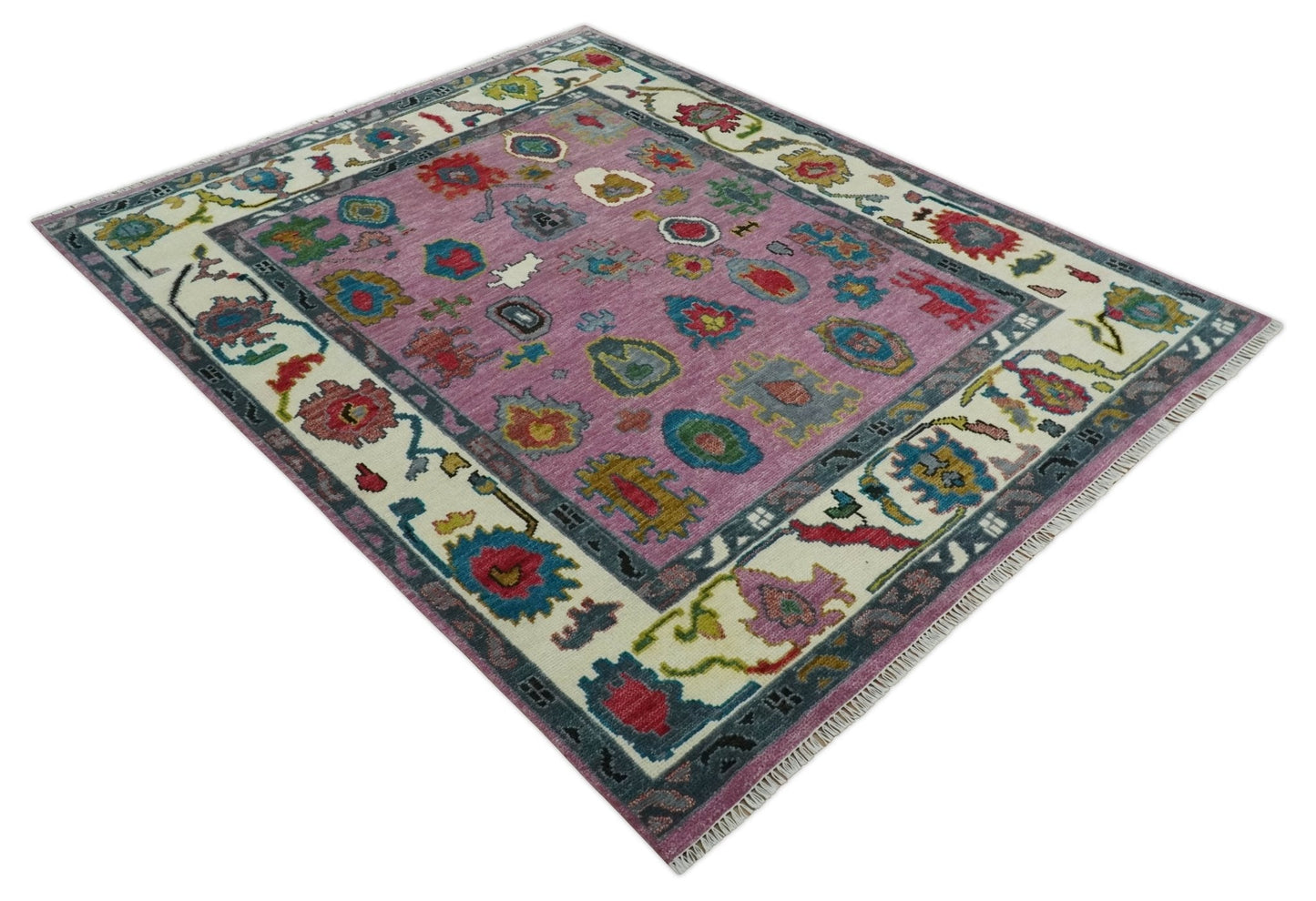 8x10 Wool Traditional Persian Purple and Ivory Vibrant Colorful Hand knotted Oushak Area Rug | TRDCP1125810S