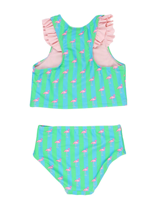 RuffleButts + RuggedButts - Girls Neon Flamingo Stripe Racerback Flutter Tankini