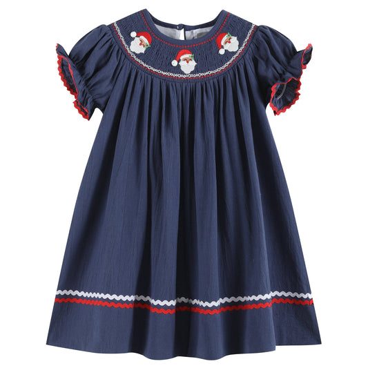 Lil Cactus - Navy Blue Santa Smocked Bishop Dress