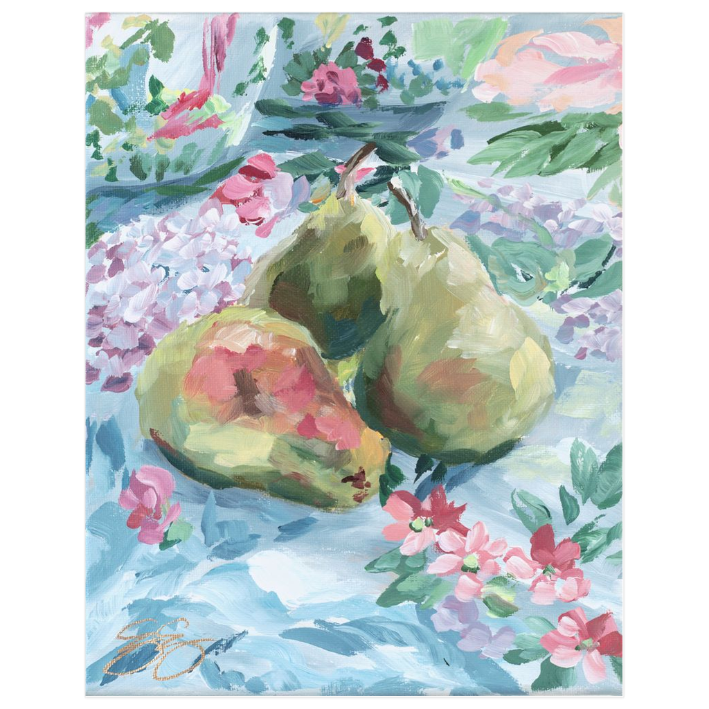 Pears on floral fabric, a fine art print on paper