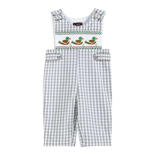 Lil Cactus - Gray Gingham Mallard Smocked Overalls