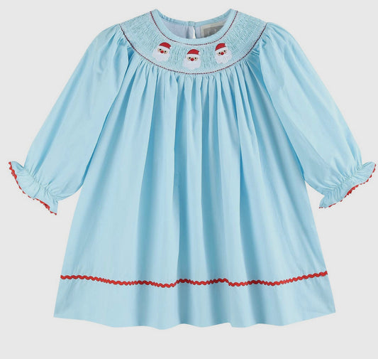 Blue Santa Smocked Bishop Dress