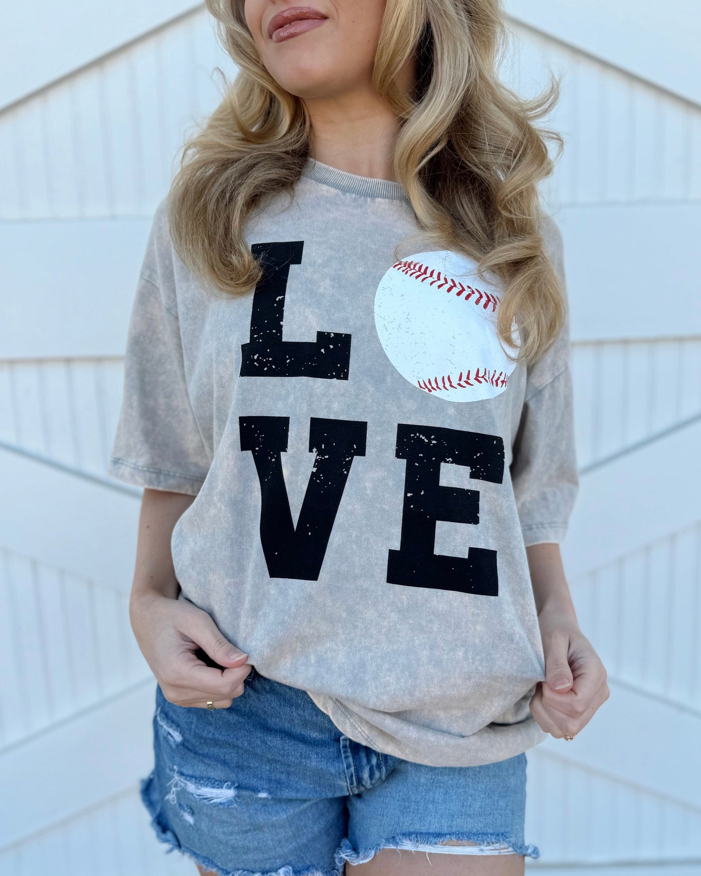 Faded Gray Mineral Dipped Stacked “LOVE” Baseball Tee