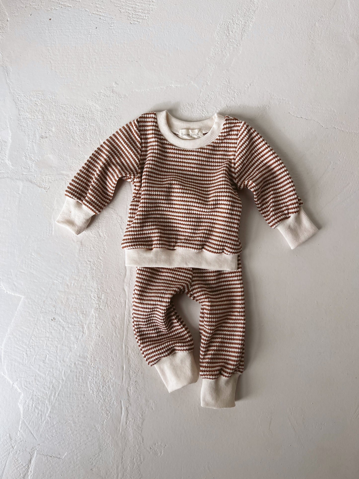 Coffee Stripe | Two Piece Waffle Knit Pant Set