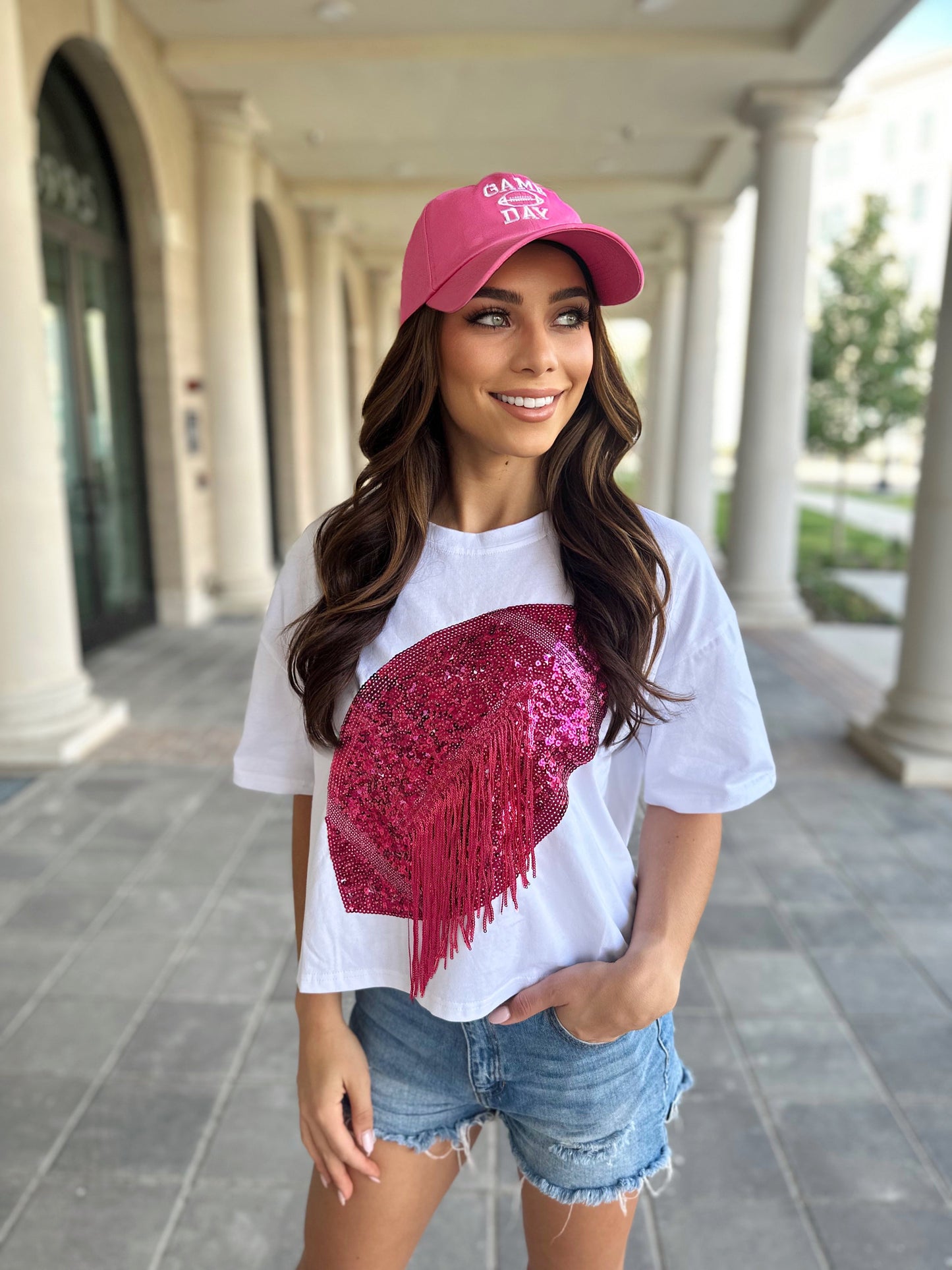 White/Hot Pink Cropped Sequin Fringe Football Tee