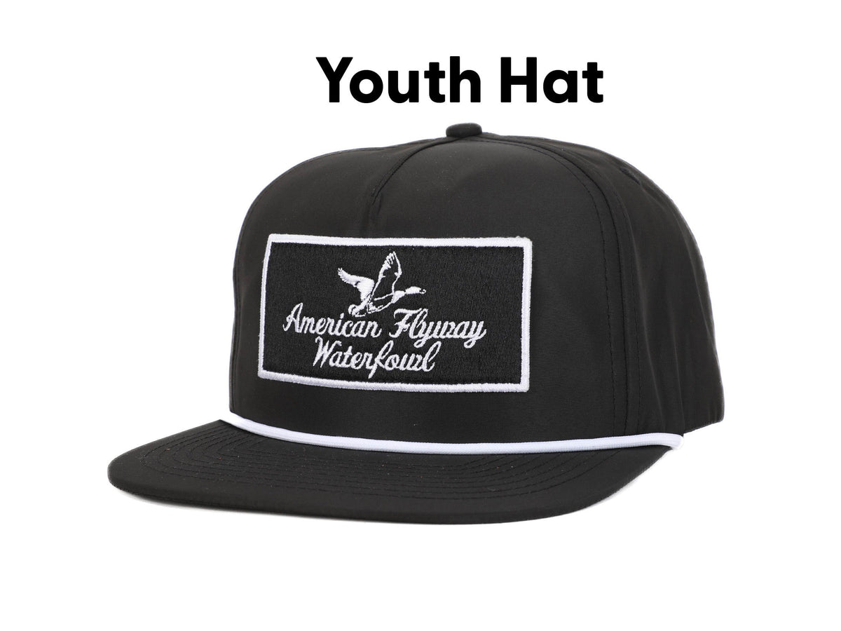 Youth Throwback Vintage Rope Hat Black w Patch and White Rope