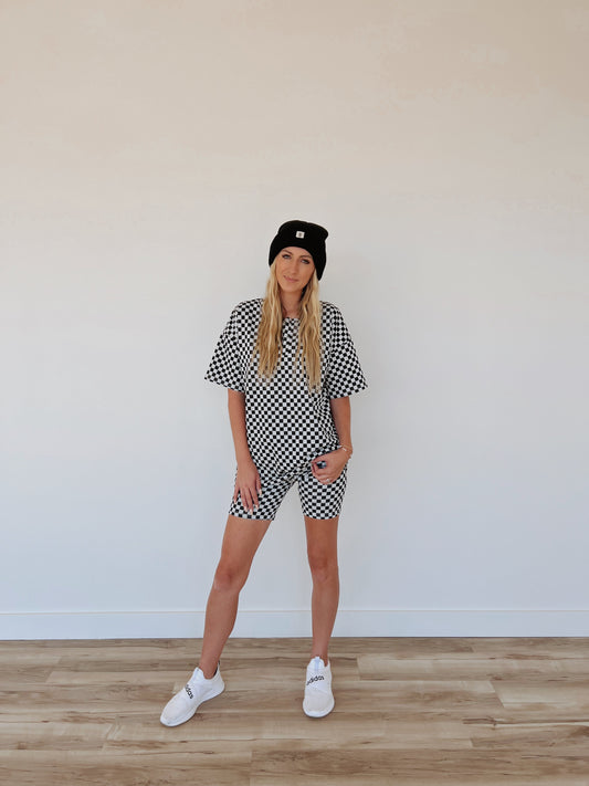 Women's Biker Short Set | Black & Grey Checkerboard