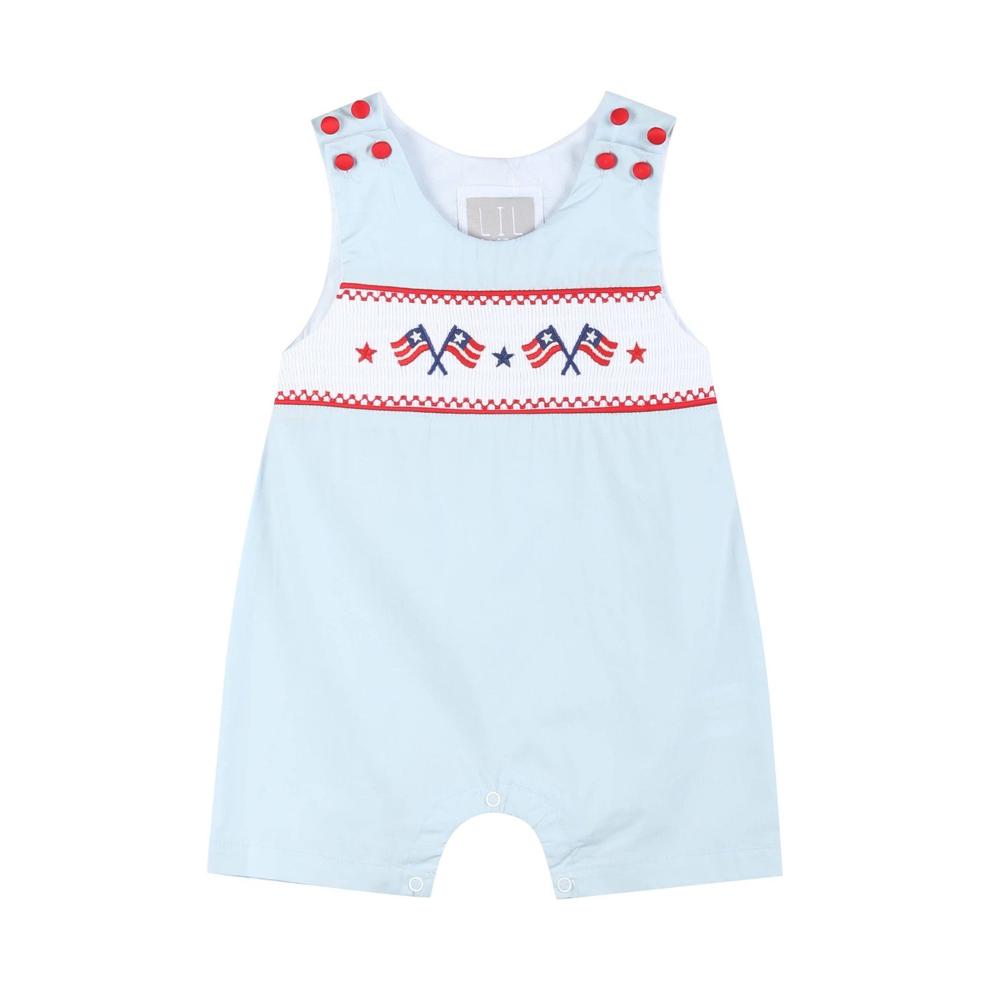 Lil Cactus - Light Blue USA Flag Smocked Shortalls