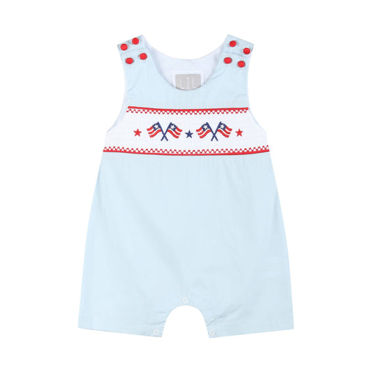 Lil Cactus - Light Blue USA Flag Smocked Shortalls
