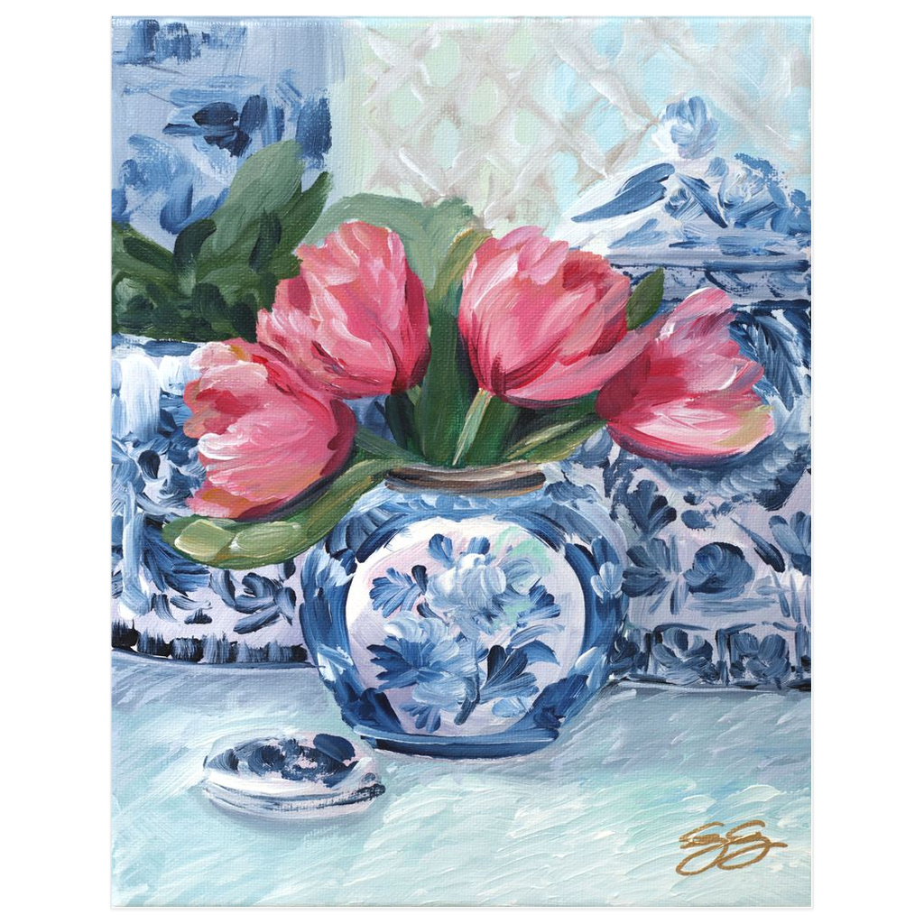 Pink Tulips, Blue Vase; a fine art print on paper