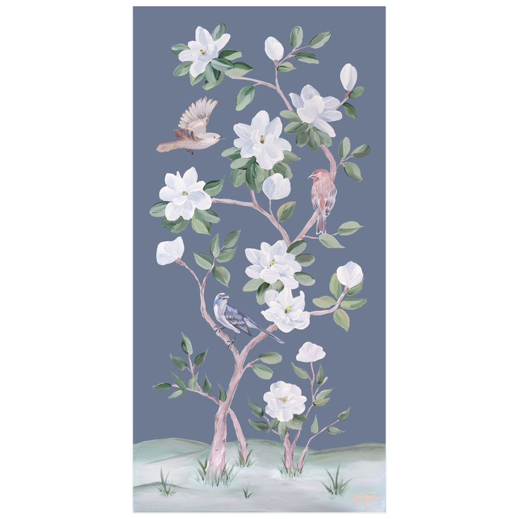 Songbirds and Magnolias, a dark blue chinoiserie fine art print