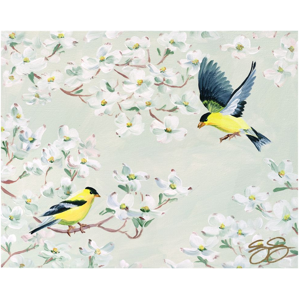 Goldfinch and Dogwood, a fine art print on canvas