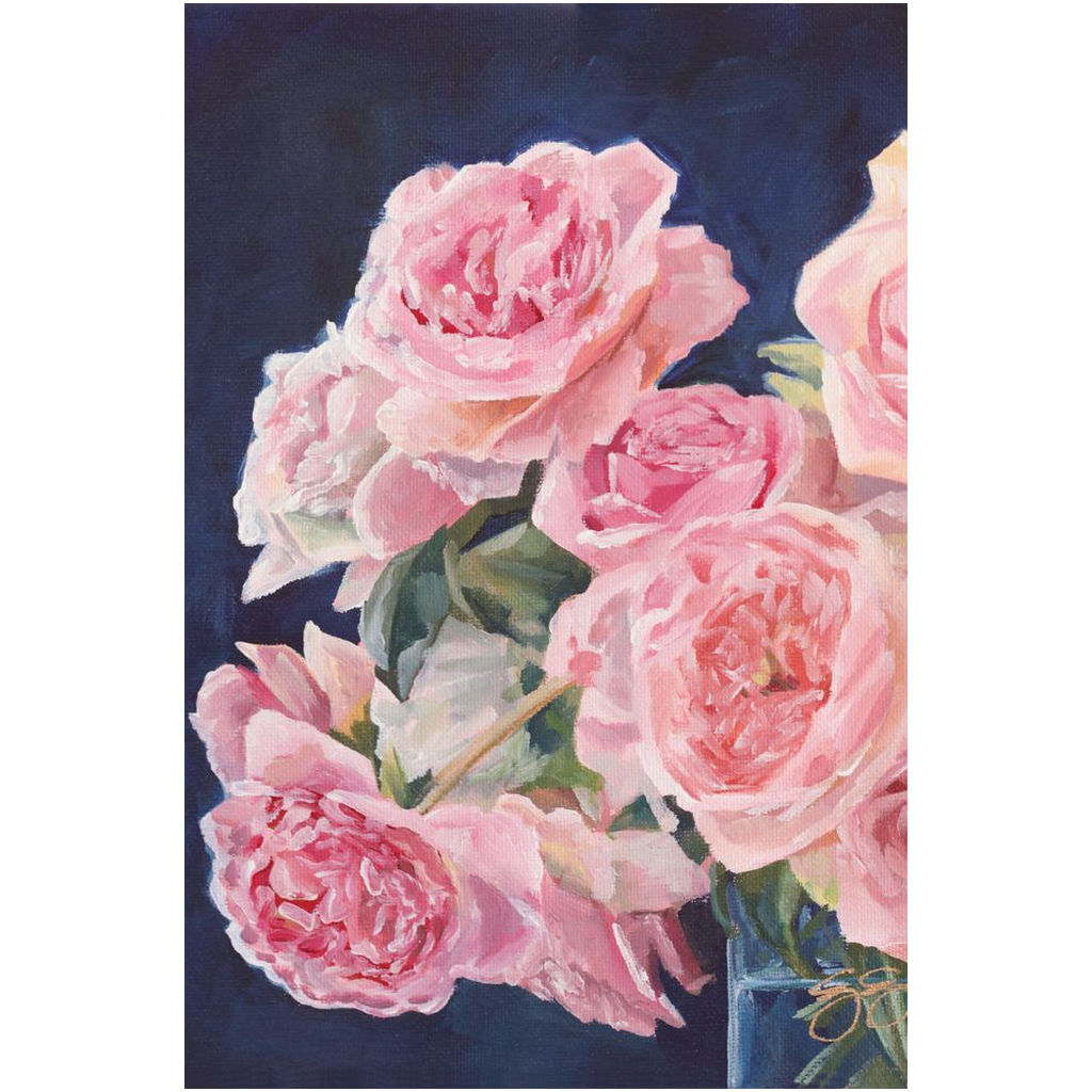 Pink Roses on Navy Blue, a fine art print on canvas