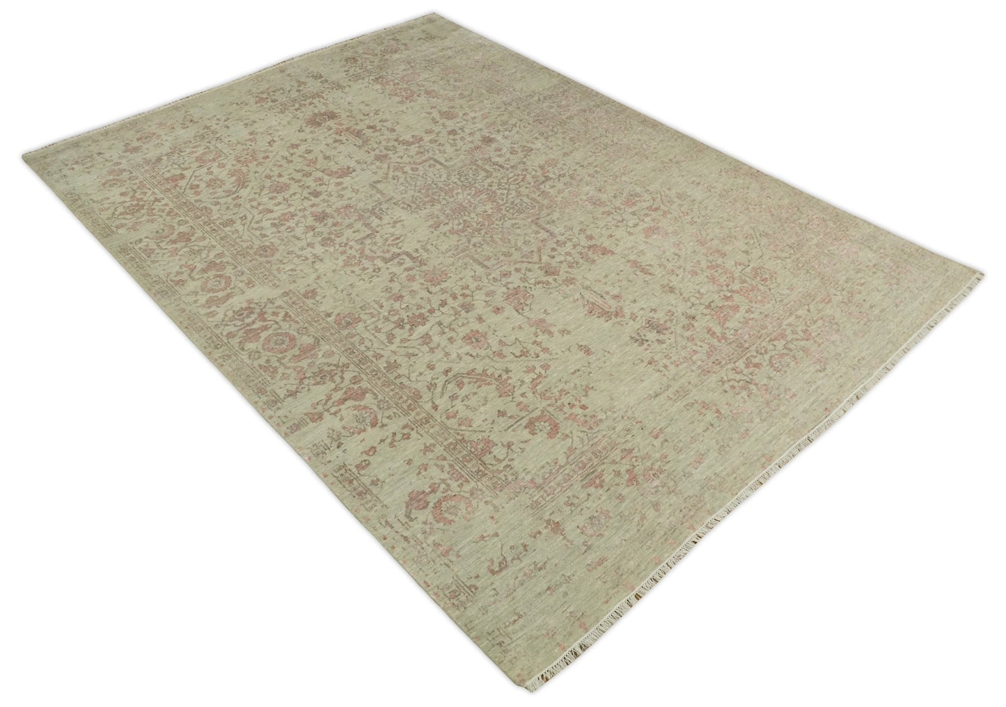 9x12 Fine Hand Knotted Beige and Peach Traditional Vintage Persian Style Antique Wool and Silk Rug | TRDCP662912