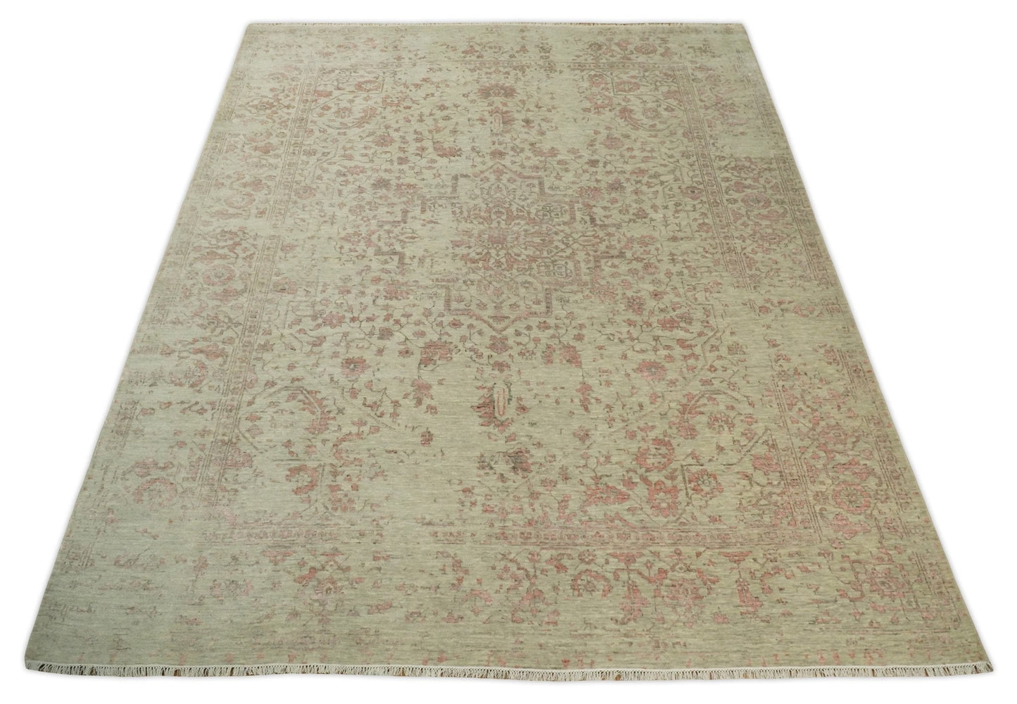 9x12 Fine Hand Knotted Beige and Peach Traditional Vintage Persian Style Antique Wool and Silk Rug | TRDCP662912