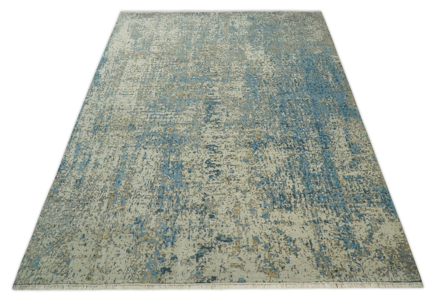 9x12 Fine Hand knotted Bue and Beige Traditional Modern Abstract Wool and Bamboo Silk Area Rug | TRDCP675912