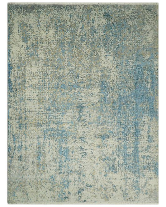 9x12 Fine Hand knotted Bue and Beige Traditional Modern Abstract Wool and Bamboo Silk Area Rug | TRDCP675912