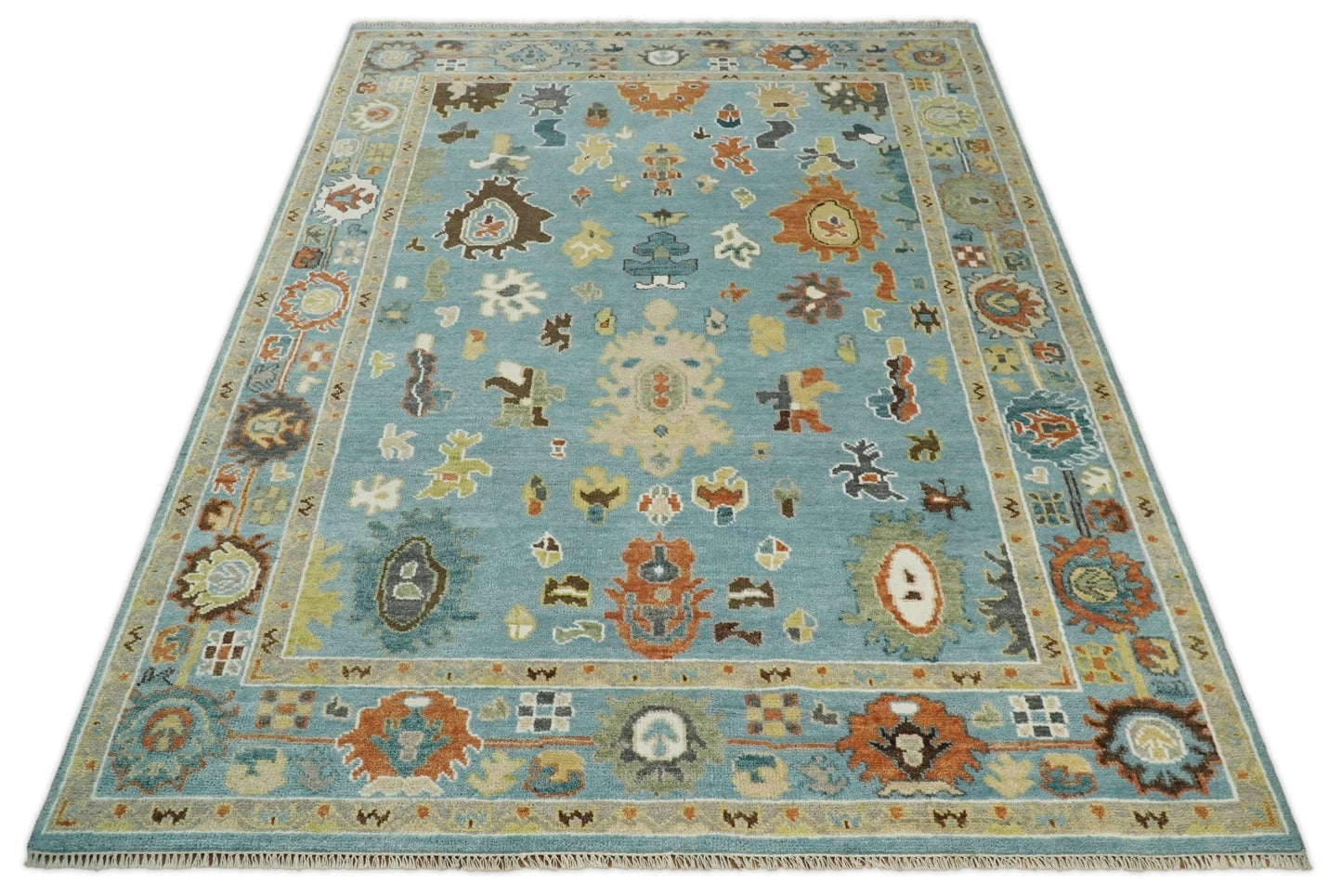 9x12 Hand Knotted Blue and Beige Traditional Vintage Persian Oushak Antique Wool Rug | TRDCP607912