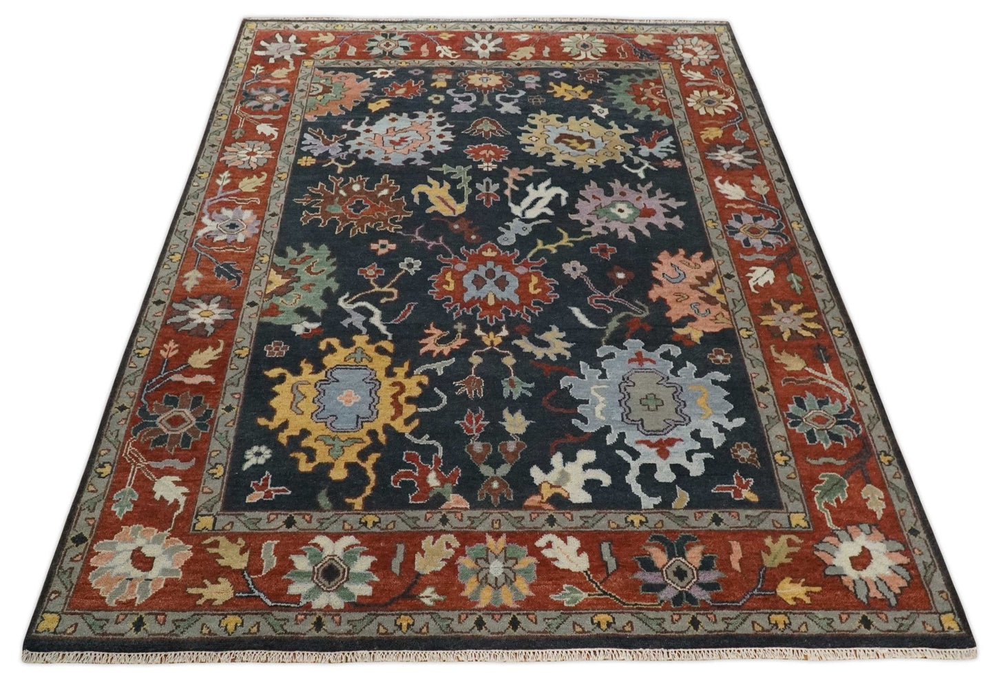 9x12 Hand Knotted Charcoal and Rust Traditional Persian Oushak Wool Rug | TRDCP732912