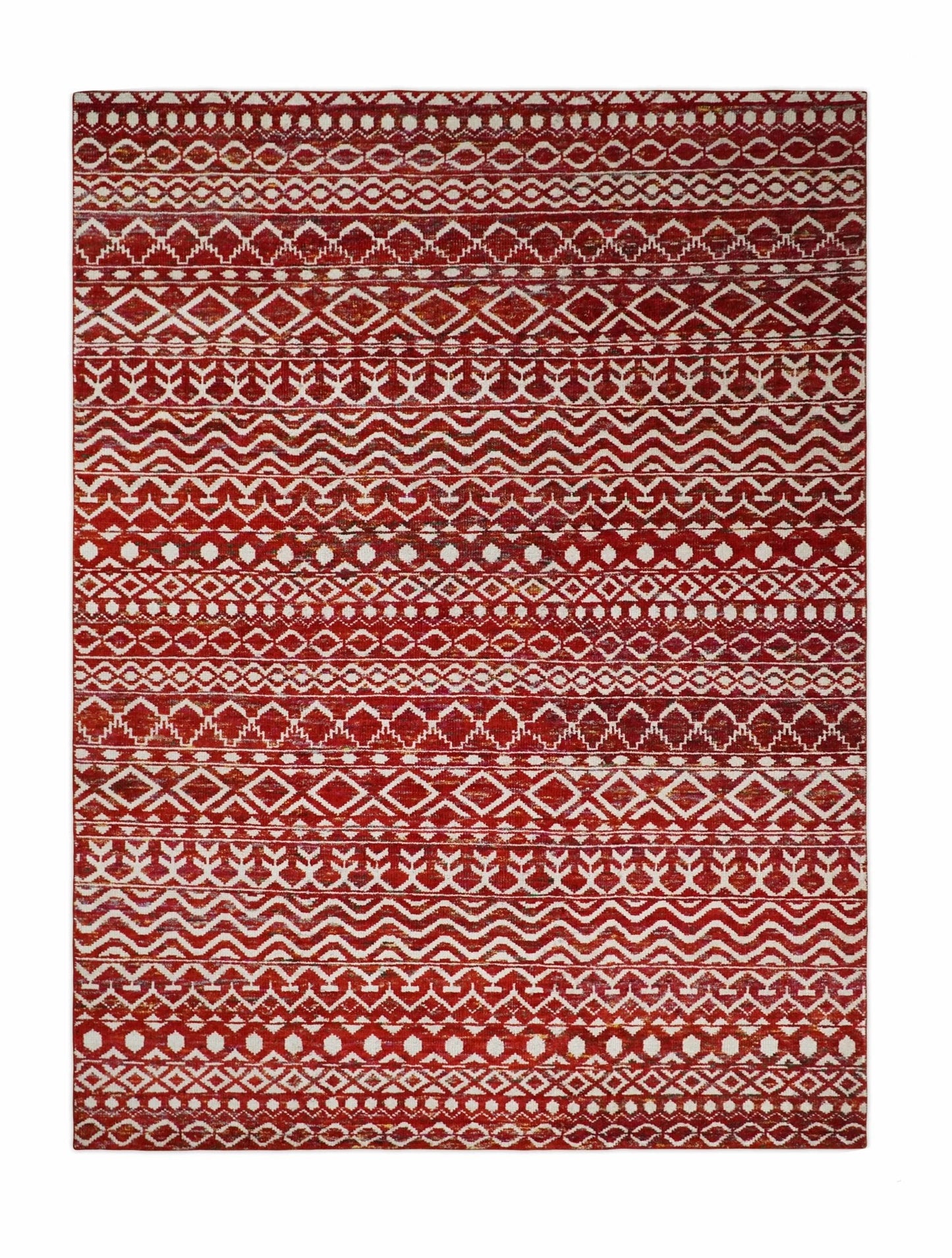 4x6 and 9x12 Hand Knotted Rust and White Modern Contemporary Southwestern Tribal Trellis Recycled Silk Area Rug | OP7