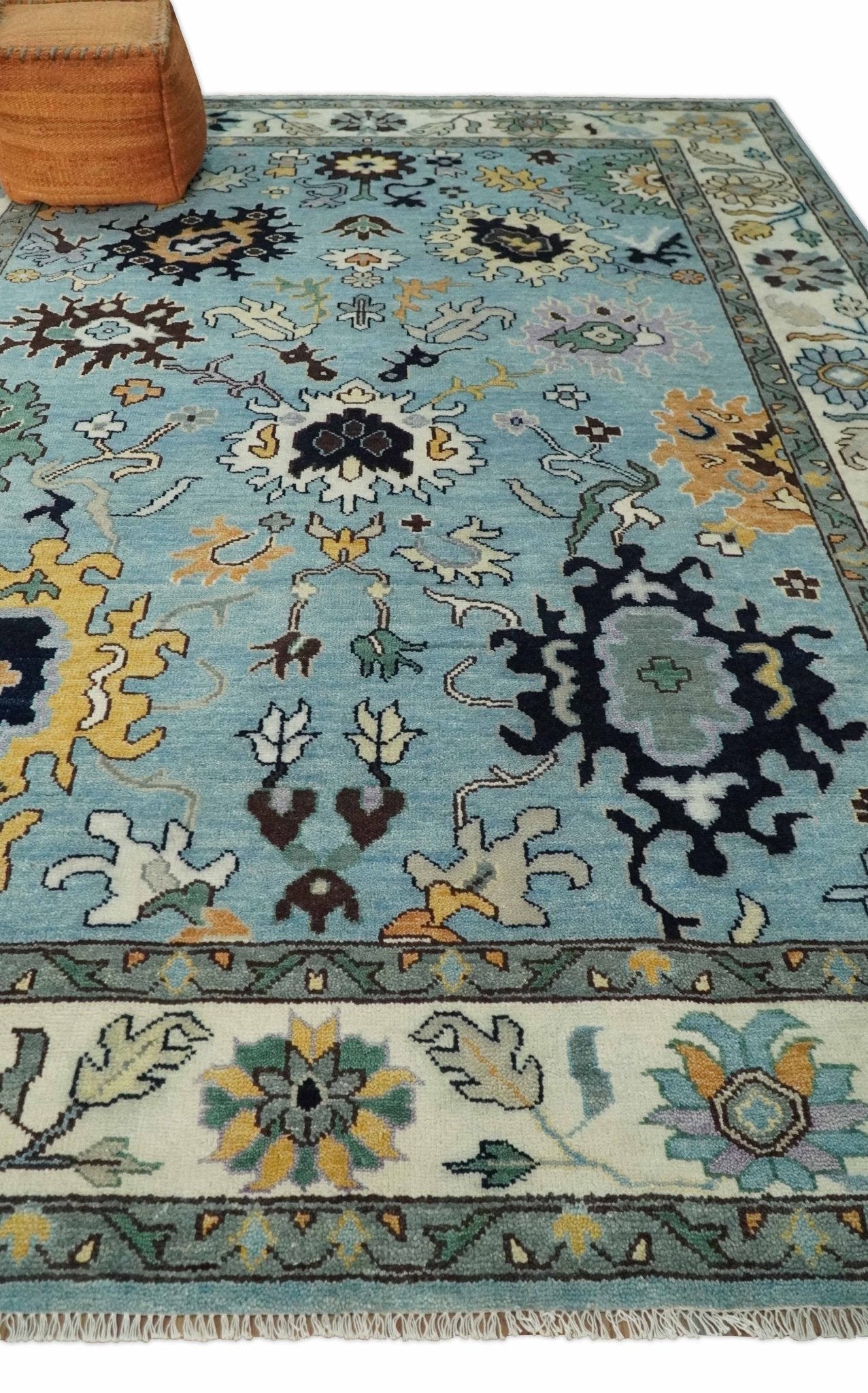 9x12 Modern Oushak Hand Knotted Persian Blue and Ivory Colorful Wool Area Rug | TRDCP852912