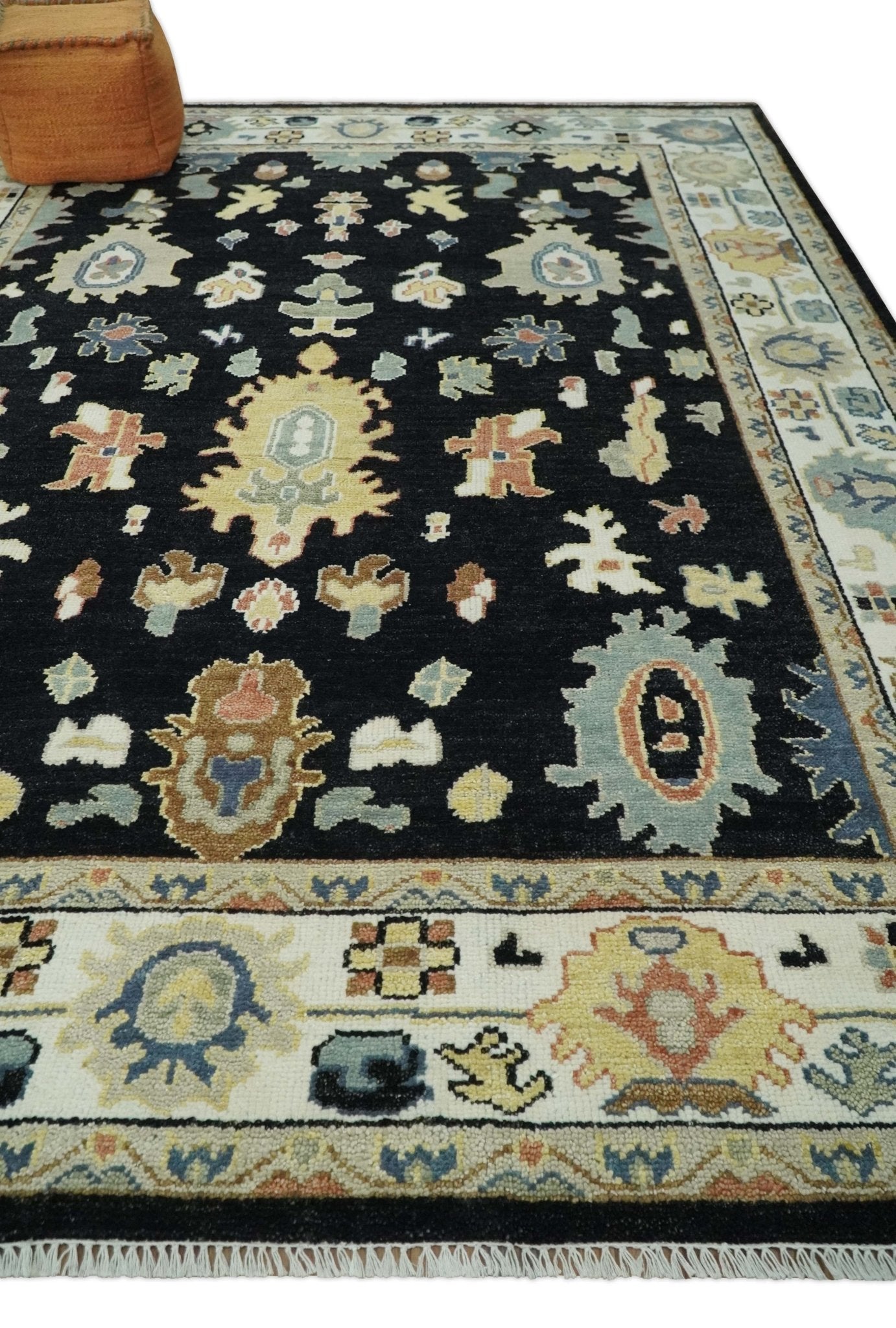 9x12 Wool Traditional Persian Black and Ivory Colorful Hand knotted Oushak Area Rug | TRDCP1081912