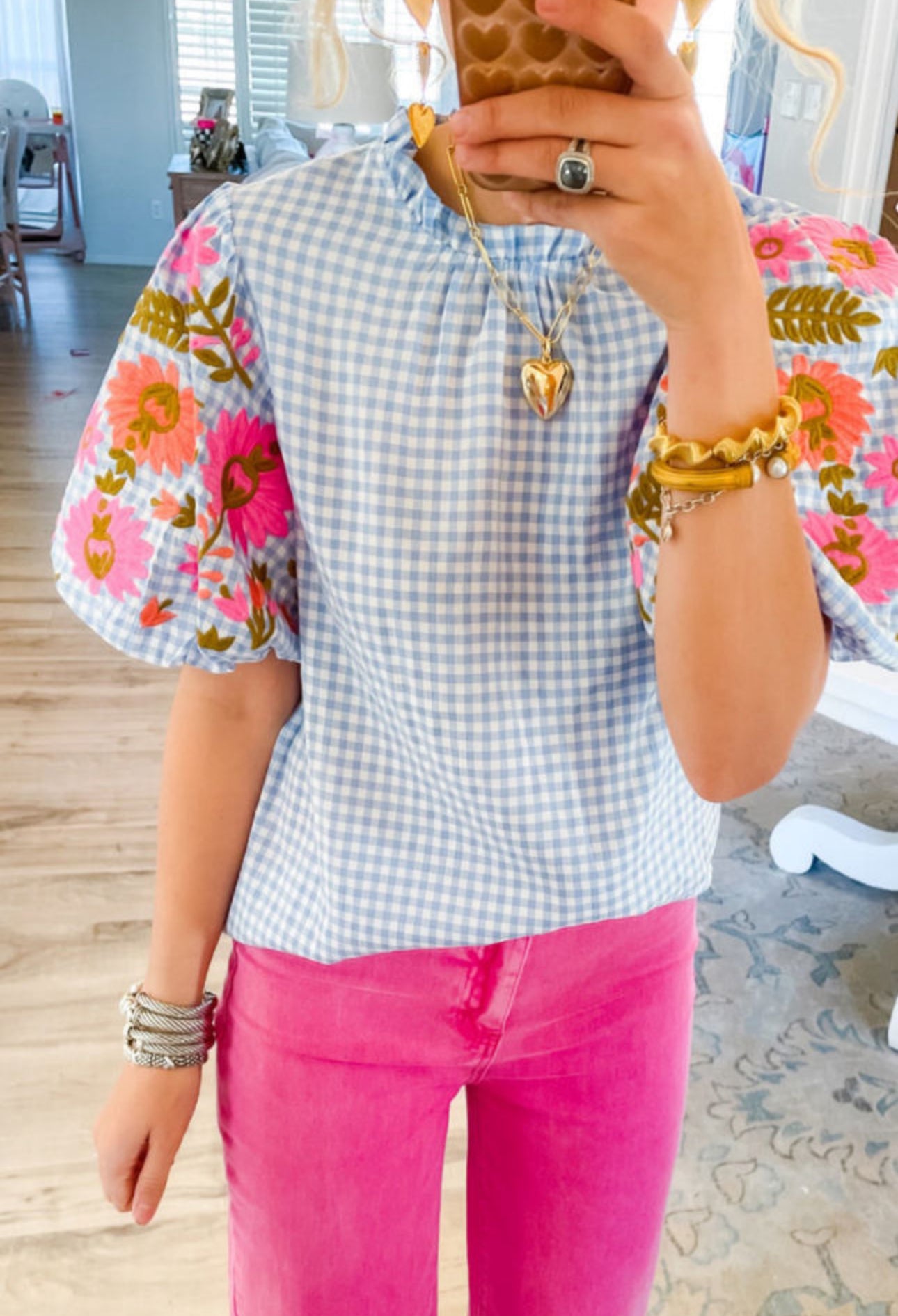 Light Blue Gingham Floral Embroidered Puff Sleeve Blouse