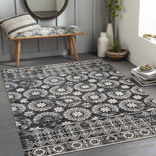 William Traditional Black Washable Area Rug