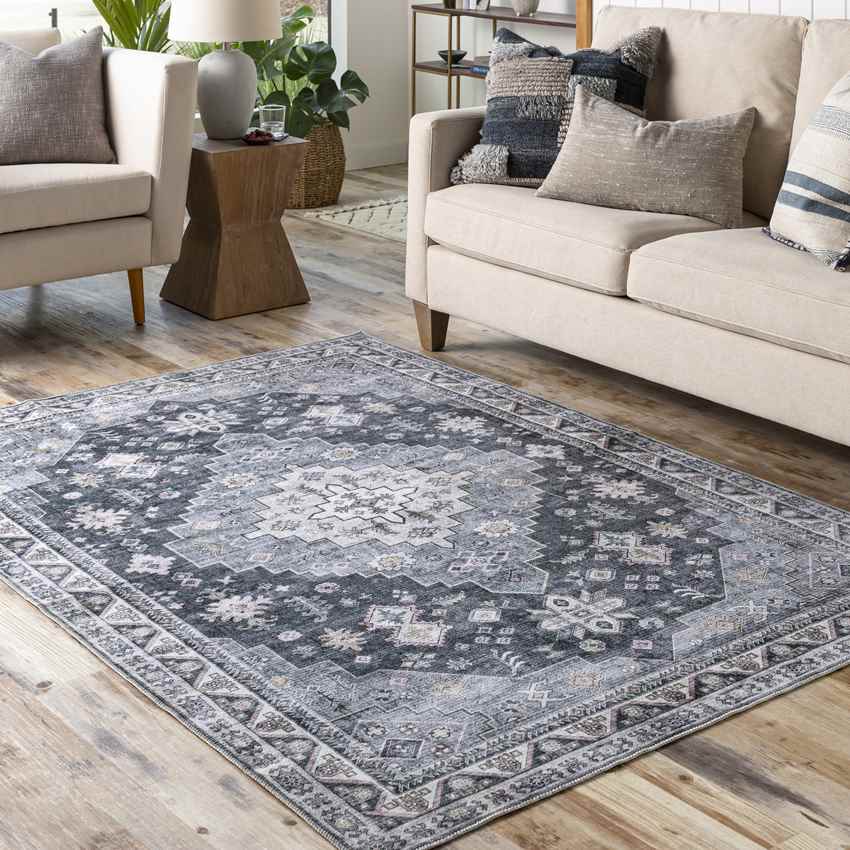 Walford Traditional Denim Washable Area Rug