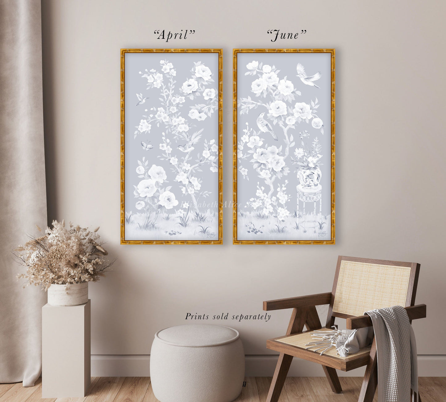 April, a tonal blue chinoiserie fine art print on paper with birds and cherry blossoms