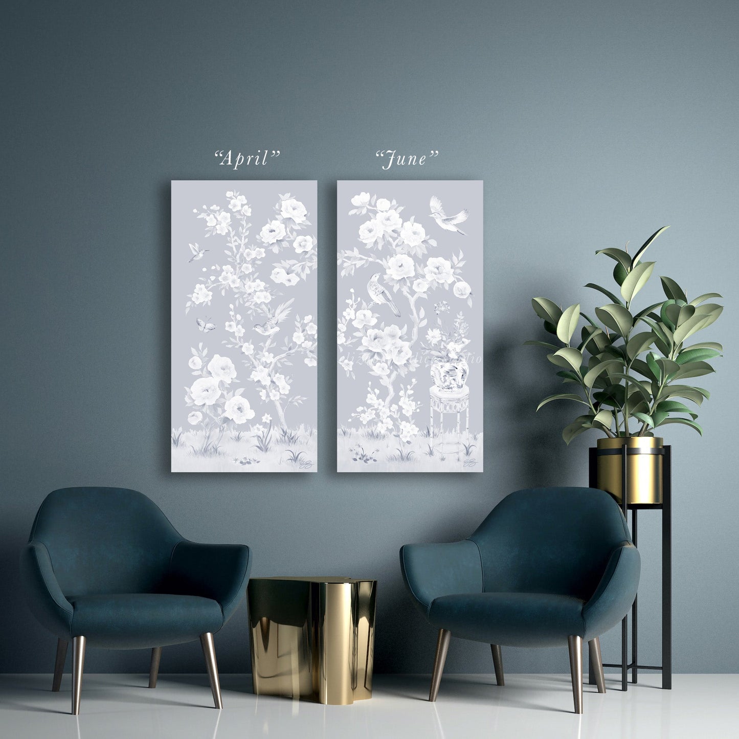 April, a tonal blue chinoiserie canvas wrap