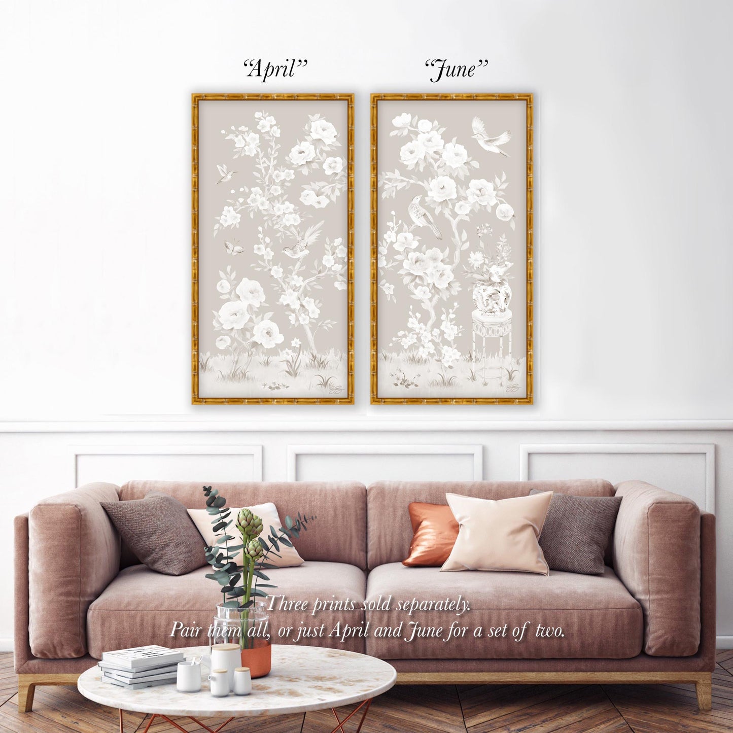 April, a tonal beige chinoiserie fine art print on paper with birds and cherry blossoms