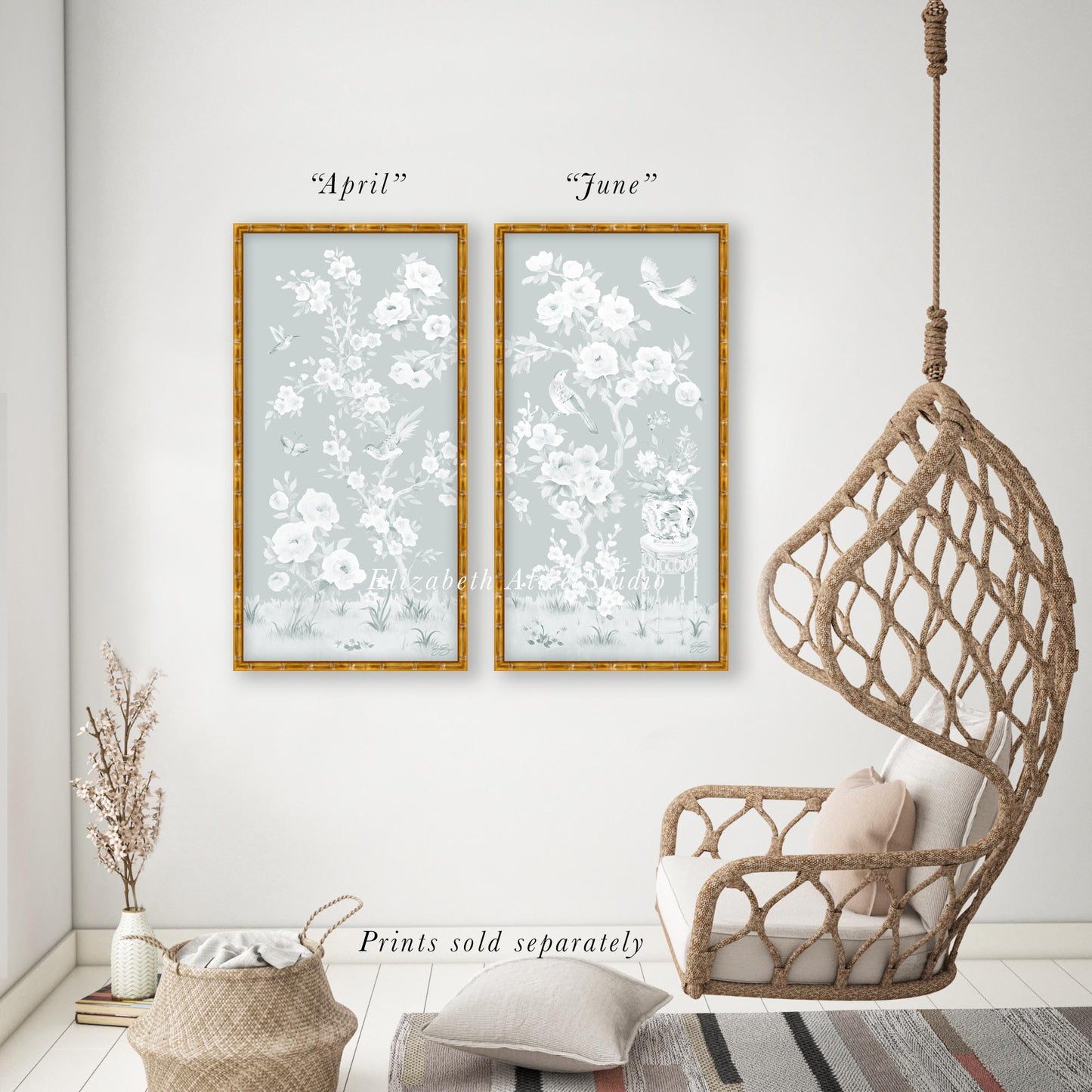 April, a tonal green chinoiserie fine art print on paper with birds and cherry blossoms