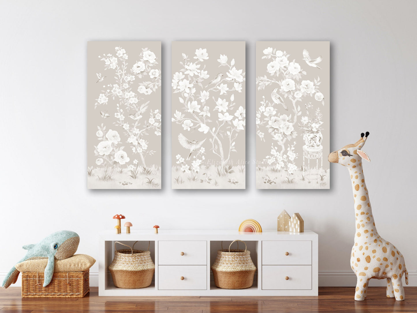 May, a tonal beige chinoiserie canvas wrap