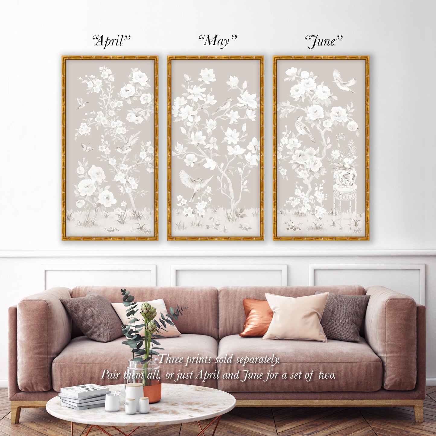 June, a tonal beige chinoiserie fine art print on paper with birds and peonies