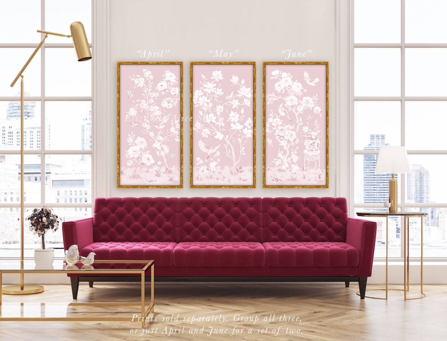 May, a tonal pink chinoiserie fine art print on paper with birds and magnolia flowers